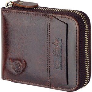 Men's Genuine Leather Dark Brown Short Zip Around Pockets Bifold Wallet Card